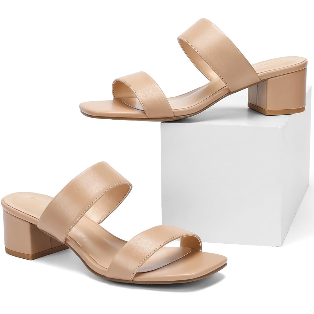 Tan Block Heel Sandals with Wide Strap